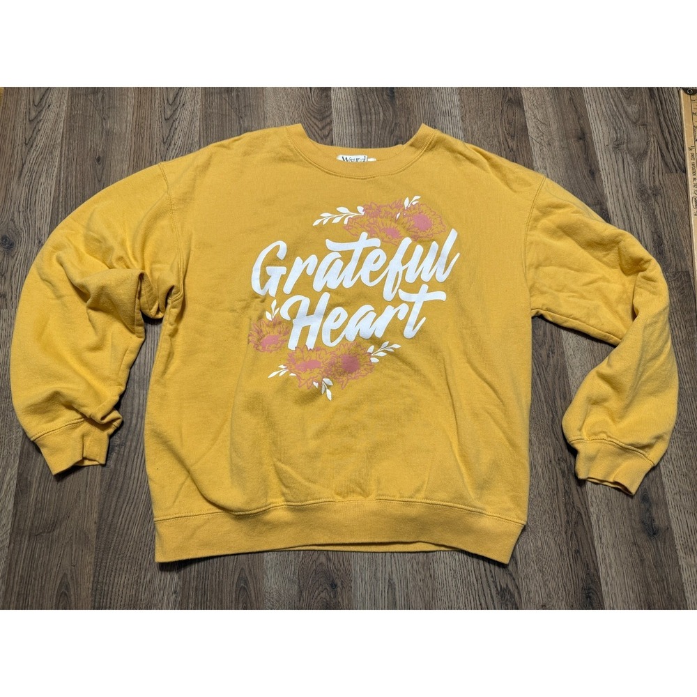Wound Up Sweater Girl's Size Large Yellow Pink White Pullover "Grateful Heart"